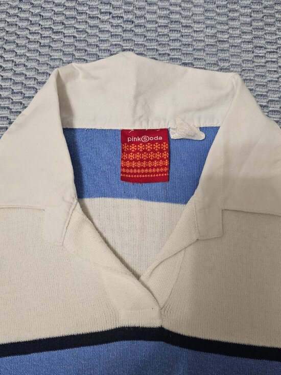 Pink Soda Retro Striped Knit Top Blue White Y2K Preppy Polo Collar 3/4 Sleeve - Picture 4 of 6